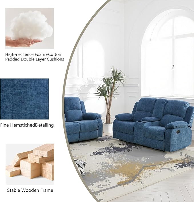 Manual Recliner Sofa Set,Microfiber Reclining Couch Set,Modern Living Room Furniture Set,Reclining Sofa Couch Chair for Living Room Home Office(Light Blue,3 Pieces Set)