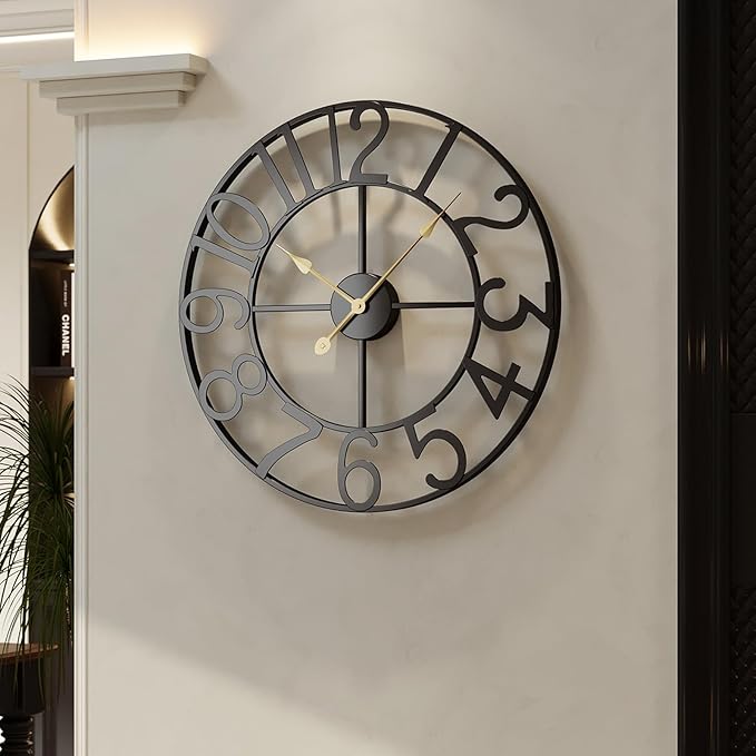 Cuspin Large Wall Clock, 24 Inch Black Decorative Wall Clock for Living Room, Modern Metal Battery-Operated Arabic Numerals Round Clocks Silent Non Ticking for Kitchen Mantel Bedroom Office