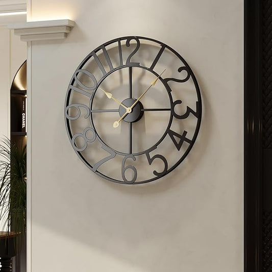 Cuspin Large Wall Clock, 24 Inch Black Decorative Wall Clock for Living Room, Modern Metal Battery-Operated Arabic Numerals Round Clocks Silent Non Ticking for Kitchen Mantel Bedroom Office
