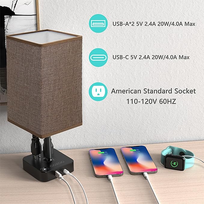 cozoo Bedroom Lamp Touch Control Bedside Table Lamp with USB C & USB A Charging Ports and 2 AC Outlets,Modern LED Desk Light with Charger Base Brown Fabric Shade for Bedroom/Nightstand/Office/Decor