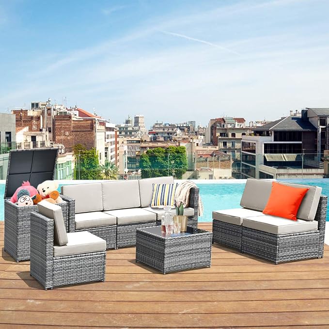 HAPPYGRILL 8-Pieces Patio Furniture Set Outdoor Rattan Conversation Set with Storage Box Sectional Wicker Sofa Set with Coffee Table and Cushions for Garden Backyard
