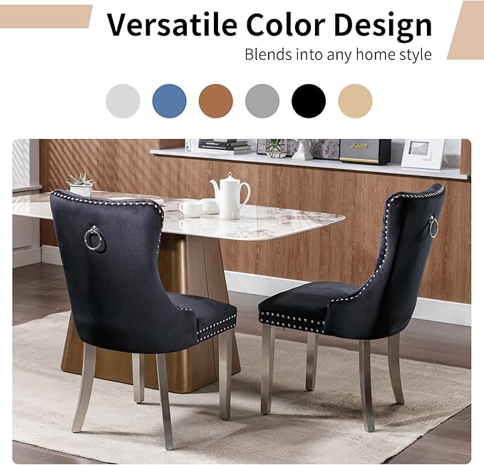 Luxury Upholstered Dining Chairs Set of 4, Black Kitchen Chair with Silver Metal Legs, Velvet Tufted Back Dining Chair, Sillas de Comedor, Modern Kitchen & Dining Room Chairs (Black, 4 Pcs)