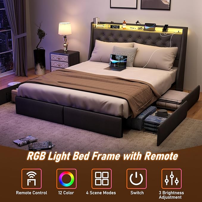 SADENICEL Queen Bed Frame with Storage Headboard and 4 Drawer, Metal Platform Bed Frame Queen Size with LED Light, Charging Station, No Box Spring Needed, Noise Free, Easy Assembly, Grey