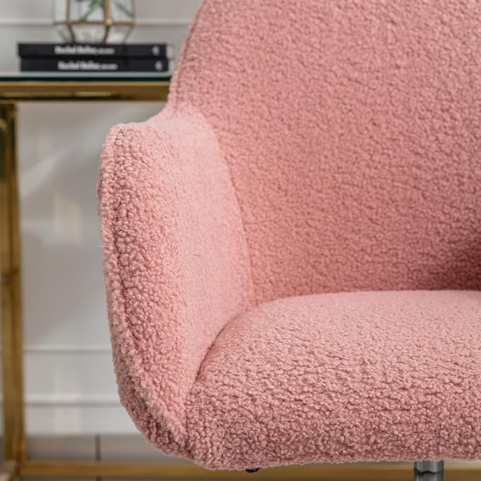 Goujxcy Fluffy Desk Chair, Faux Fur Vanity Chair Swivel Office Chair for Girls Women, Height Adjustable Cute Teddy Furry Makeup Chairs for Bedroom Home Office