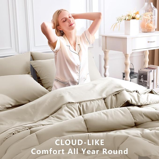 CozyLux Full Size Comforter Sets Oatmeal, 7 Pieces Bed in a Bag, Oatmeal Comforter Full Size, All Season Bedding Sets with Stitch Quilted Comforter, Flat Sheet, Fitted Sheet, Pillowcases