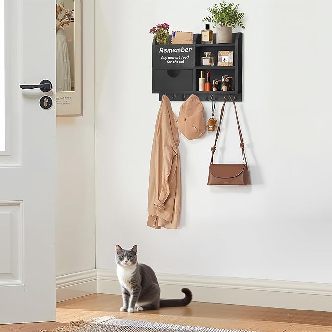 Key Holder Wall Mount, 14.5x11.2x3.5'' Larger 3-Tier Shelf 8 Hooks Drawer Storage,Wooden Key and Mail Holder for Wall,Farmhouse,Home,Living Room,House,Office Decor,Hats,Bag,Dog Leash Hanger Organizer