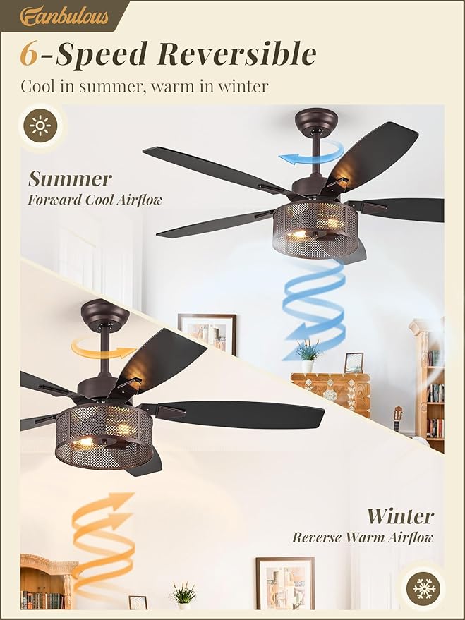Farmhouse Oil Bronze Ceiling Fans with Lights and Remote, 52 Inch Bedroom Caged Ceiling Fans for Living Room Kitchen，6 Speed Reversible Quiet DC Motor, Dual Finish 5 Blades