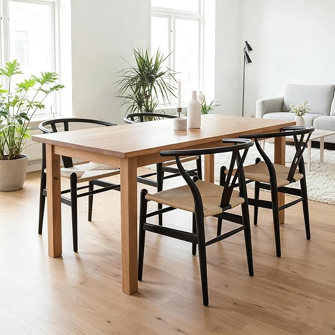 Wishbone Chair Natural Solid Wood Dining Chair/Hans Wegner Y Chair Rattan and Wood Accent Armrest Chairs - Ash Wood Chairs Set of 4 (Ash Wood - Black + Natural Color)