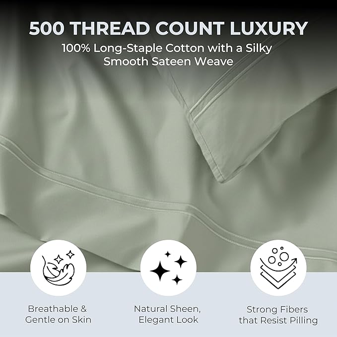 100% Natural Cotton Sheets Queen Size Bed Set | 500 TC Single-Ply Sateen Weave | Soft, Breathable, Hypoallergenic Solid 4-Piece Bedding with Deep Pocket Fitted, Flat, Pillowcase | Sage