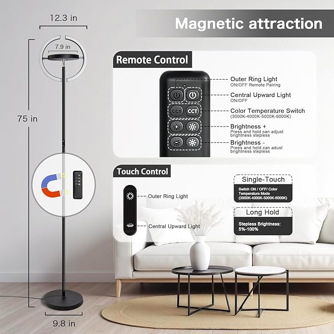 Floor Lamps for Living Room, Stepless Dimmable & Dimmable LED Floor Lamp,Modern Rotatable Reading Standing Lamp with Remote &Touch Control Tall Lamp for Bedroom Office