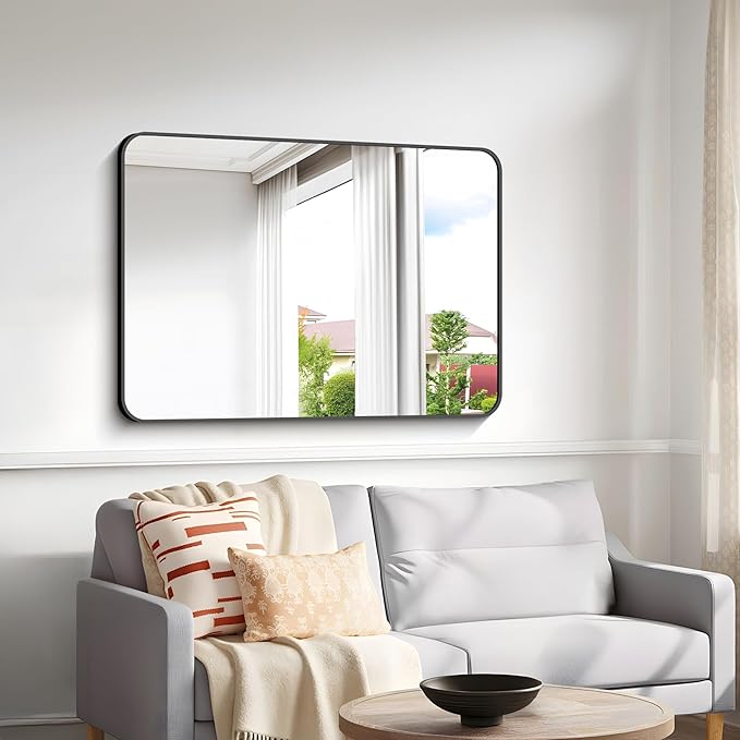 BONEWEI 30x40 inch Bathroom Mirror,Black Rectangle Mirror,Wall Mounted Bathroom Frame Vanity Mirror with Round Corner for Bedroom Living Room, Entryway Hangs Horizontal or Vertical