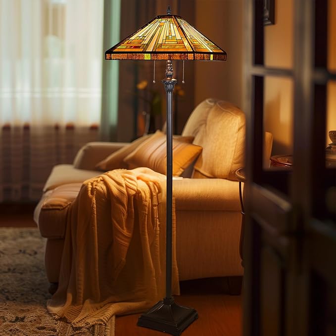Capulina Tiffany Lamp Stained Glass Floor Lamp 2-Light 16X16X63 Inches Amber Brown Mission Antique Tiffany Style Standing Reading Lamp for Living Room Bedroom Home Office