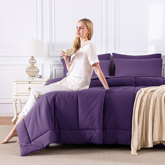 CozyLux Full Size Comforter Sets Purple, 7 Pieces Bed in a Bag, Purple Comforter Full Size, All Season Bedding Sets with Stitch Quilted Comforter, Flat Sheet, Fitted Sheet, Pillowcases