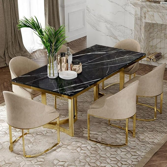 POVISON Marble Dining Table for 6, Modern Dining Room Table 63" for Kitchen & Dining Room, Black Marble Table Top with Luxury Gold Trestle Pedestal(Dining Table Only)