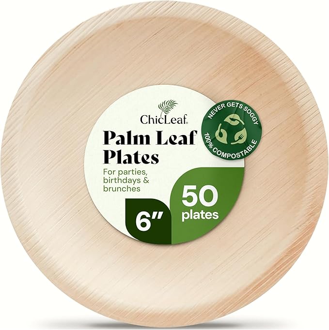 Chic Leaf Palm Leaf Plates - 6" Pack of 50 - Eco-Friendly Compostable Plate - Versatile Appetizer Dish Christmas Dinner Family Meal