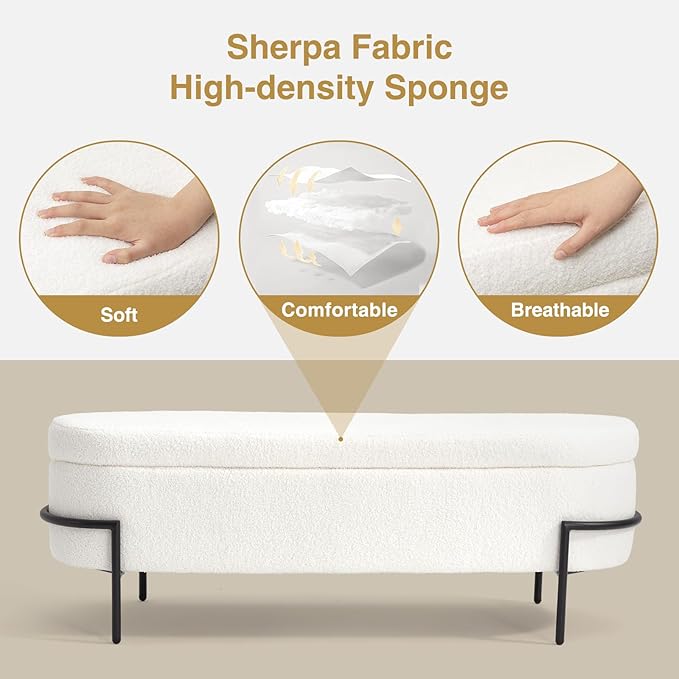 Sherpa Storage Ottoman Bench for Bedroom, White End of Bed Bench with Storage, Upholstered Boucle Storage Bench with Metal Stand and Hinges, Oval Ottoman for Living Room, 52 Inch
