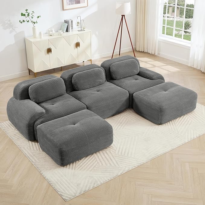 Gray Ottoman for Modular Sectional Sofa, Corduroy Deep Seat for Oversized Compressed Boneless Sectional Couches for Living Room Bedroom Apartment, Cloud Sofa Couch, Memory Foam, No Assembly
