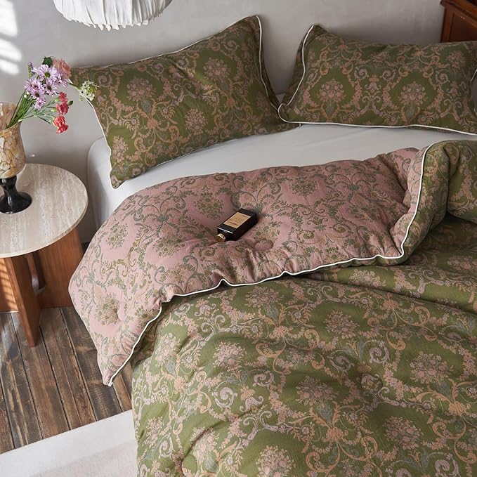 EAVD Paisley Floral Comforter Set Full Soft 100% Muslin Cotton Boho Green Bedding Set with 2 Pillowcases Vintage Floral Botanical Comforter Set for All-Season