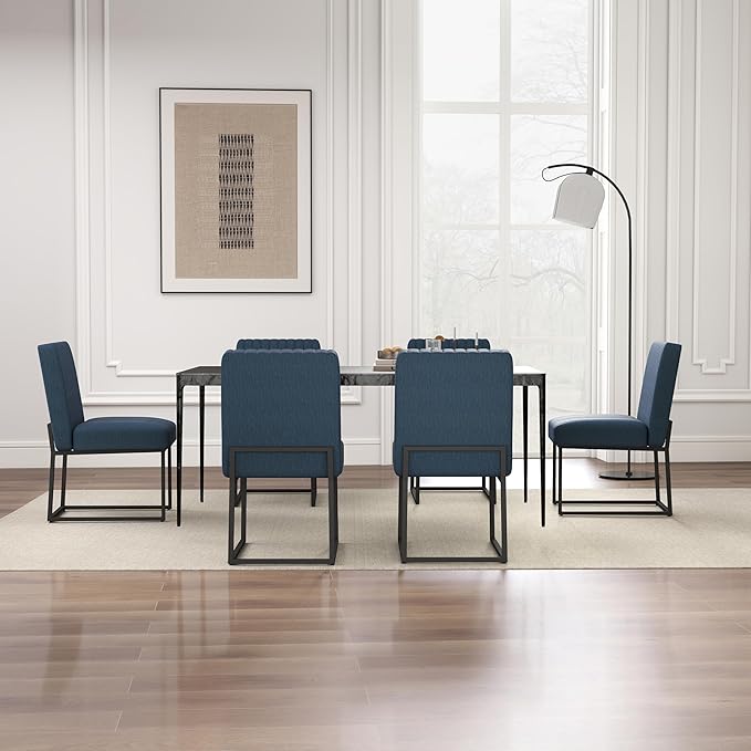 VKNOW Upholstered Dining Chairs Set of 6, Modern Dining Room Chairs with Stripe, Linen Kitchen Chair Dinner Chair with Black Metal Base for Kitchen Office, Blue