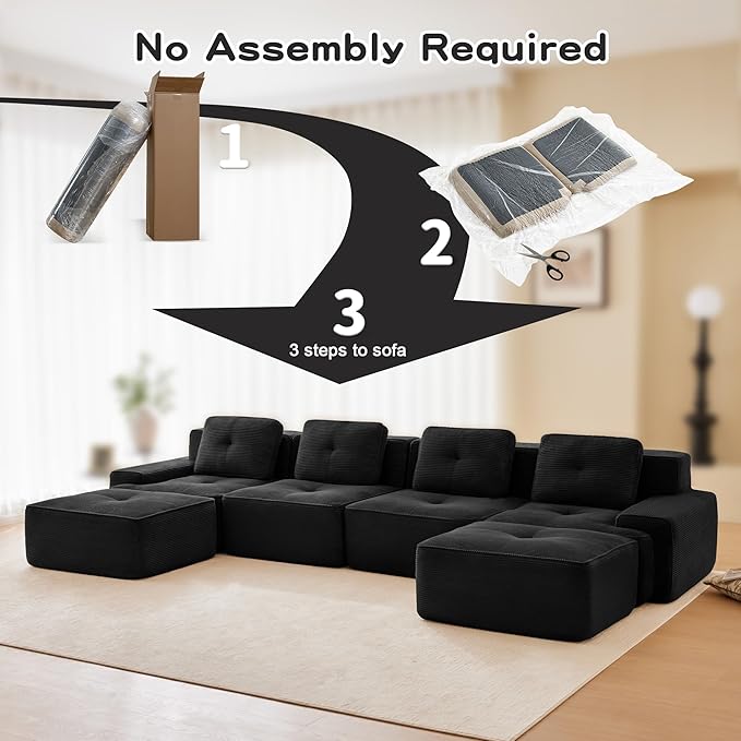 150.4'' Sectional Sofa, 32D Foam Corduroy Boneless Couch with Pillow, Deep Seat Wide Arm Sectional U Shaped Couch for Living Room, Apartment, Bedroom
