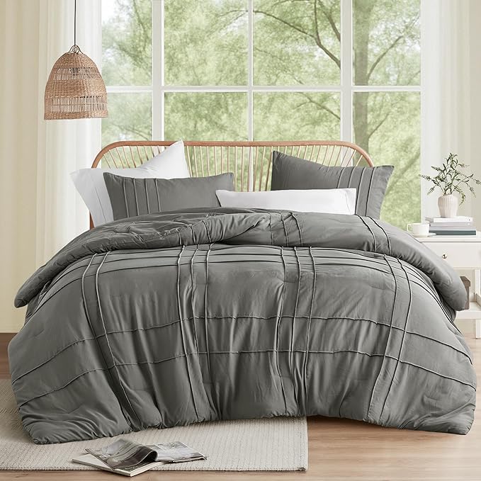 Comfort Spaces Grey Twin Size Comforter Set - 2 Pieces Pintuck Pleated Bedding Sets Twin, All Season Lightweight, Extra Softness Pre-Washed Microfiber Twin Bed Set, Shams, Twin/Twin XL