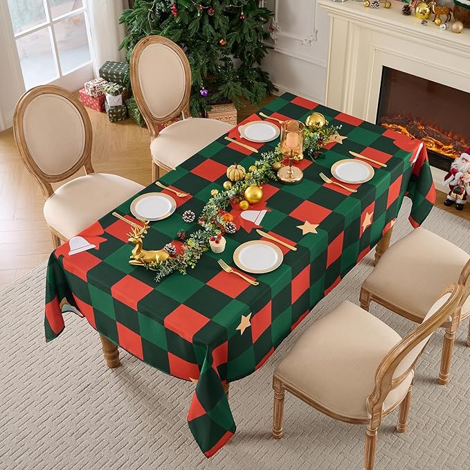 Christmas Tablecloth Rectangular 60x84 Inch for 4ft Waterproof, Machine Washable Checkered Polyester Table Cover for Xmas Party, Winter Holiday Home Decoration in Festive Checkered Star 1pack