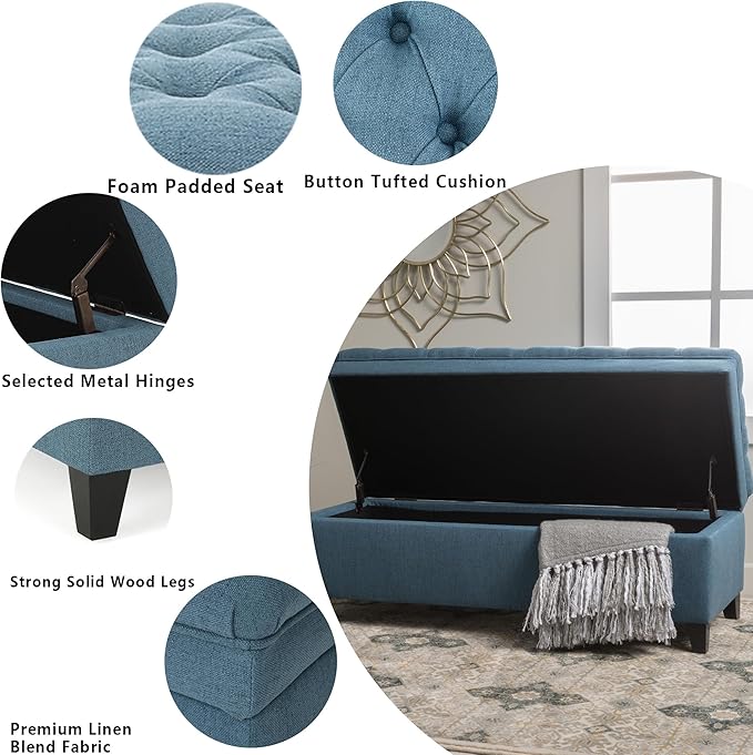 Setawix Linen Storage Benches for Bedroom,50" Bed End Bench with Storage,Tufted Blue Storage Ottoman Bench for Living Room,Rectangle Entryway Benches with Storage and Seating (Blue, Linen)