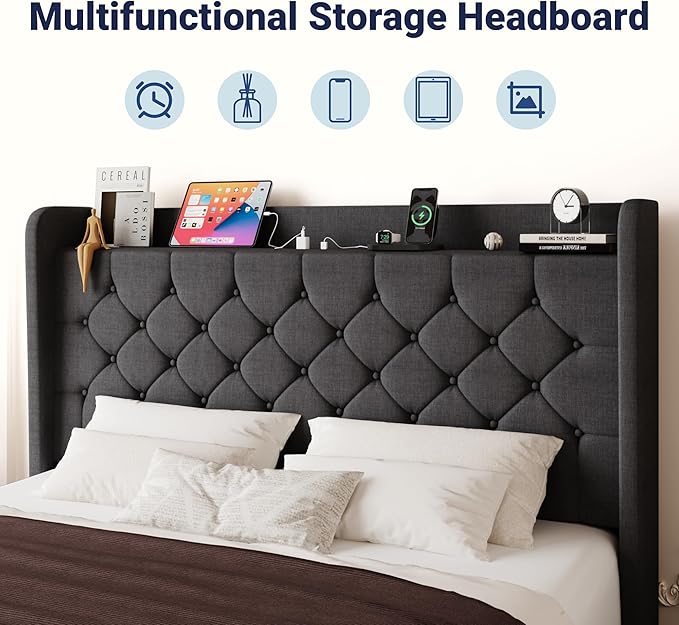 Allewie Full Size Bed Frame, Storage Headboard with Charging Station, Wingback Linen Upholstered, Diamond Stitched Button Tufted, Sturdy Wooden Slats, No Box Spring Needed, Easy Assembly, Dark Grey