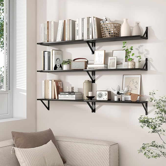 Axeman Black Floating Shelves for Wall | 24 Inch Floating Shelves Set of 2 | 24W x 8D Rustic Wood Shelves for Bathroom Kitchen Living Room | Bookshelf Display Shelves - Black