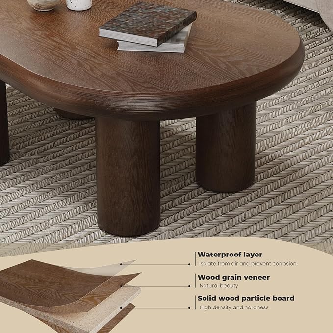 Cloud Coffee Table 46" Dark Brown Wood Coffee Table with 4 Sturdy Legs Mid-Century Modern Center Table Tea Table for Living Room Bedroom Office (Clouds Brown)