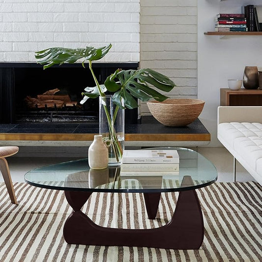 Triangle Glass Coffee Table with Solid Wood Base, 0.8'' Thick Clear Glass Top, 51'' Width Mid Century Modern Coffee Table for Living Room Bedroom Reception (Dark Walnut)