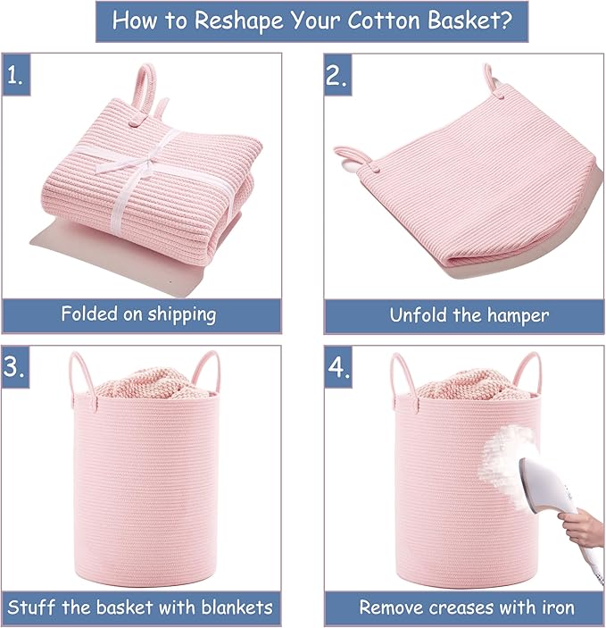 80L Extra Large Pink Hamper Laundry Basket for Baby Girls Tall Nursery Hamper for Kids Woven Rope Clothes Basket for Little Girls Room Bedroom Light Pink Kawaii Tall Laundry Bin