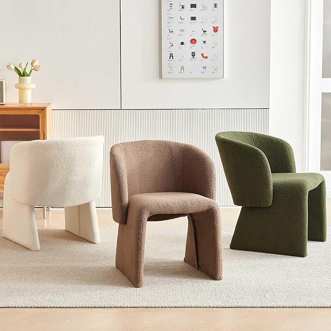 Modern Dining Chair Upholstered Off White Teddy Velvet Barrel Home Kitchen Single Sofa Chair Comfy with Metal Frame for Living Room,Bedroom
