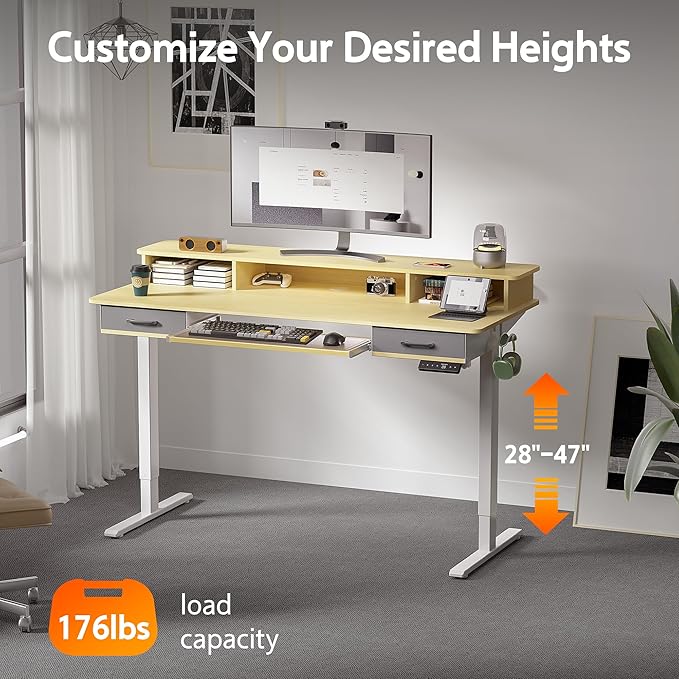 63 Inches Electric Standing Desk with Keyboard Tray, Height Adjustable Sit to Stand Table with 2 Drawers, Ergonomic Home Office Desk with Storage Shelf, Computer Table, Oak