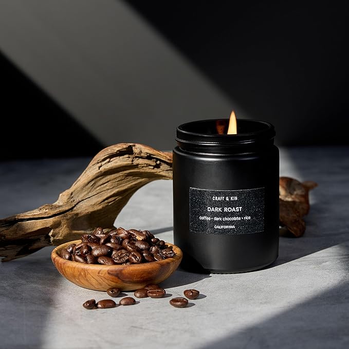 Craft & Kin Premium Dark Roast Coffee Candle | Black Christmas Scented Candles for Home | Long Lasting with 45 Hour Burn Time, 7.6oz | Soy Holiday Candle | Aromatherapy at Home | Gifts for Men