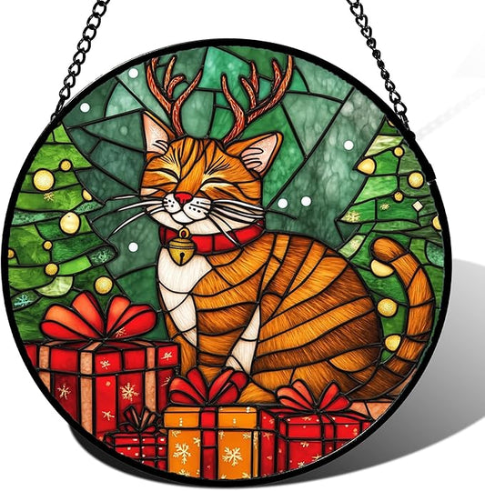 Stained Glass Window Hanging Orange Cat Elk Antler 7.8" - Suncatcher Door Garden Kitchen Sun Catcher Home Decor Birthday Gifts for Lost Pets Mom Men Woman Friend Grandma