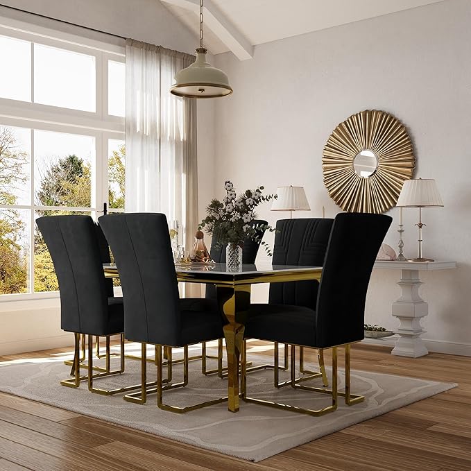 AUZ Dining Chairs Set of 4, Modern Luxury Black Velvet Upholstered Dining Chairs with High Back Design, Polished Gold Stainless Steel Sled Legs