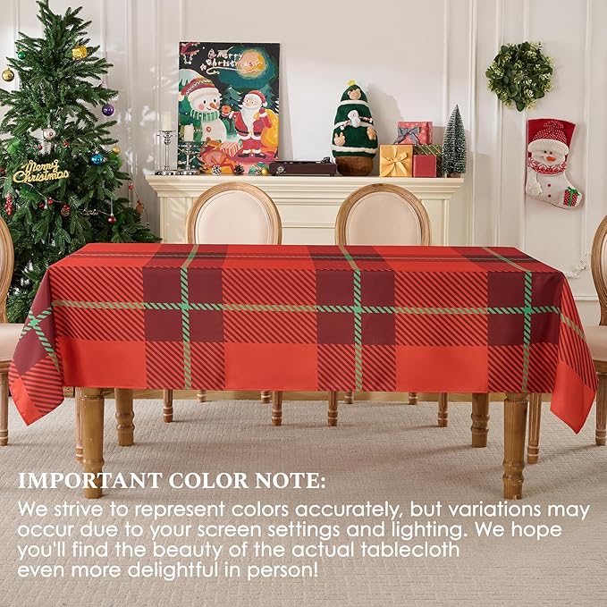 Christmas Tablecloth Rectangular 60x102 Inch Waterproof Table Cloth for 6ft, Washable Polyester Table Cover for Xmas Party, Winter Holiday Home Decoration in Festive Checkered Red 1pack
