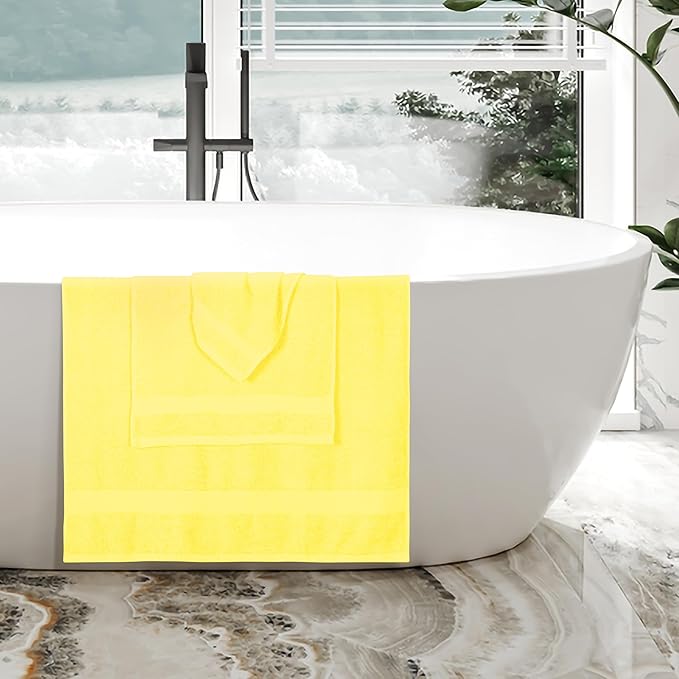 BOUTIQUO Ultra Soft 3 Pack Cotton Towel Set, Contains a Bath Towels 27x54 inch, a Hand Towels 16x24 inch & a Wash Coths 12x12 inch, Ideal Everyday use, Compact & Lightweight - Lime Yellow