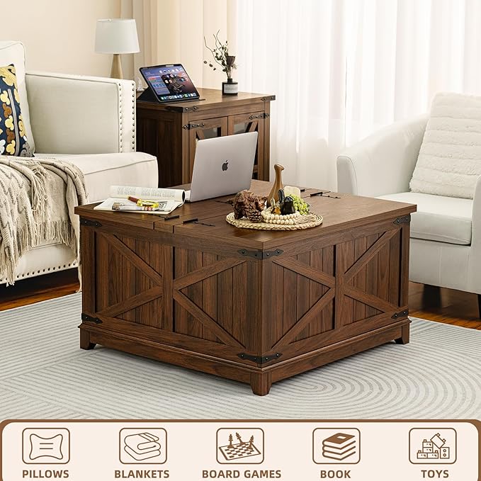 Farmhouse Coffee Table Sets 3 Pieces, Narrow Night Stand with Glass Barn Door Storage, Large Coffee Tables with Hidden Storage Organizer, Wood Furniture Sets for Living Room, Office, Brown