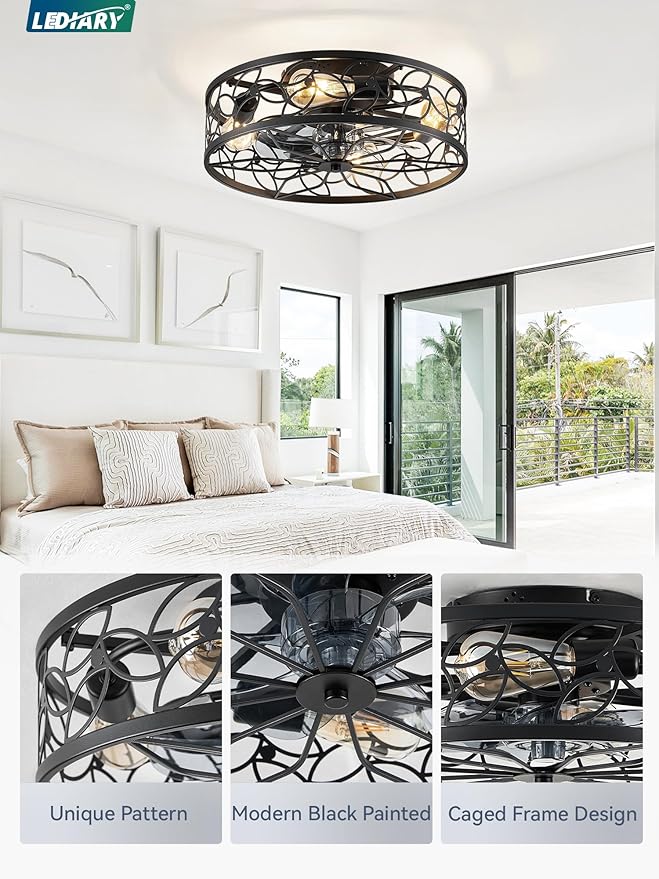 LEDIARY 20 Inch Caged Ceiling Fans with Lights, Black Flush Mount Ceiling Fan with Remote, Low Profile Bladeless Ceiling Fan Light Fixture for Bedroom, Kitchen, Dining Room