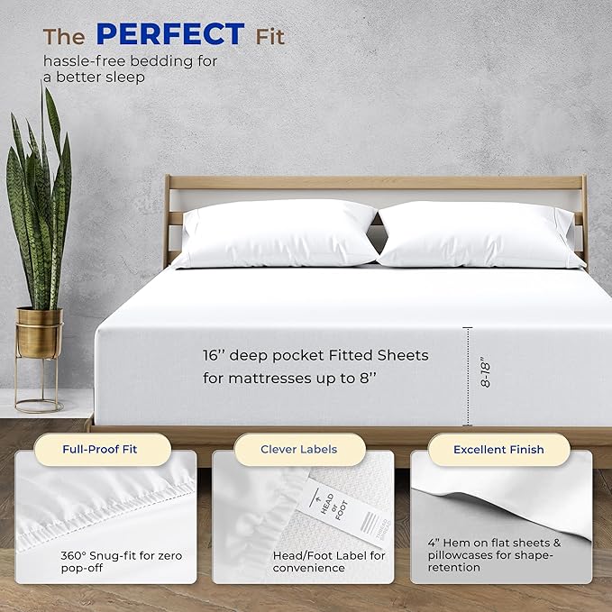 THREAD SPREAD 100% Egyptian Cotton Queen Size Sheet Set Pack of 2-High Thread Count Queen Size Sheets Set, (White), 16" Deep Pocket, Cooling Sateen Weave Ultra Luxury Bedsheets