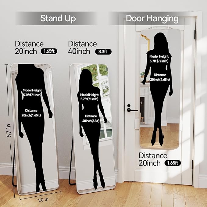 57x20 Door Hanging Full Length Mirror, Floor Stand (Height 5.7ft just Body in1.3ft) Wall Mounted Metal Frame Rectangle Dressing Mirrors for Bedroom Room 57 inch Silver