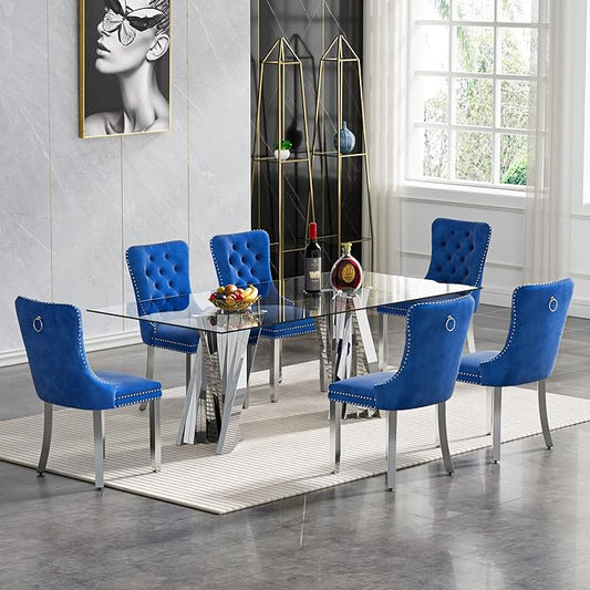 Goujxcy Modern 7 Piece Glass Dining Table Set Luxury Glass Kitchen Table and Chair Set for 6, 70" Large Rectangular Dining Room Table with 6 Tufted Chairs and Stainless Steel Legs (Silver & Blue)