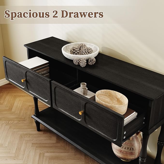 ARTPOWER Mid-Century Console Table for Entryway with 2 Drawers, Black Retro Entryway Table with Storage Cabinets and Open Shelf, Narrow Long Couch Table Behind Sofa for Living Room, Foyer, Hallway
