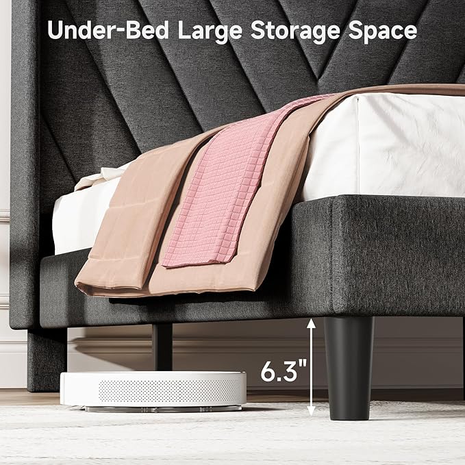 koorlian Full Size Bed Frame, Full Bed Frame with Headboard, Adjustable Upholstered Bed with Type-C&USB Port, Wingback Storage Headboard, Noiseless, No Box Spring Needed, Dark Gray