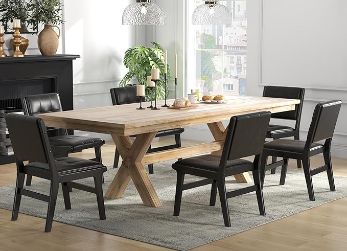 KCC Modern PU Leather Dining Chairs Set of 6, Upholstered Kitchen Chairs with Solid Wood Legs and Comfortable Seat for Dining Room/Lounge/Bedroom(Black)