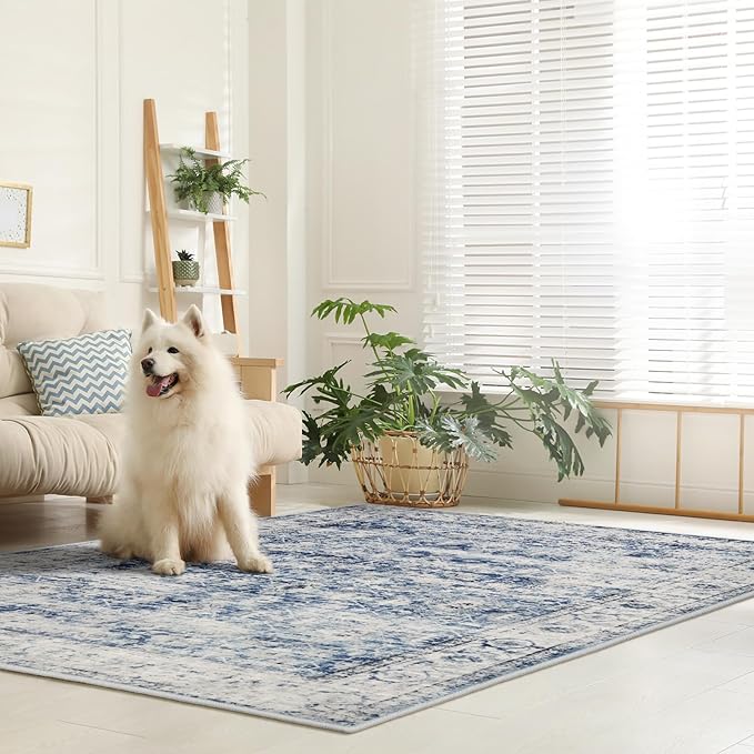 Lahome Blue Area Rug for Living Room 6x9 Machine Washable Area Rugs Living Room Rug,Vintage Distressed Soft Rubber Backing Stain Resistant Indoor Carpet for Office