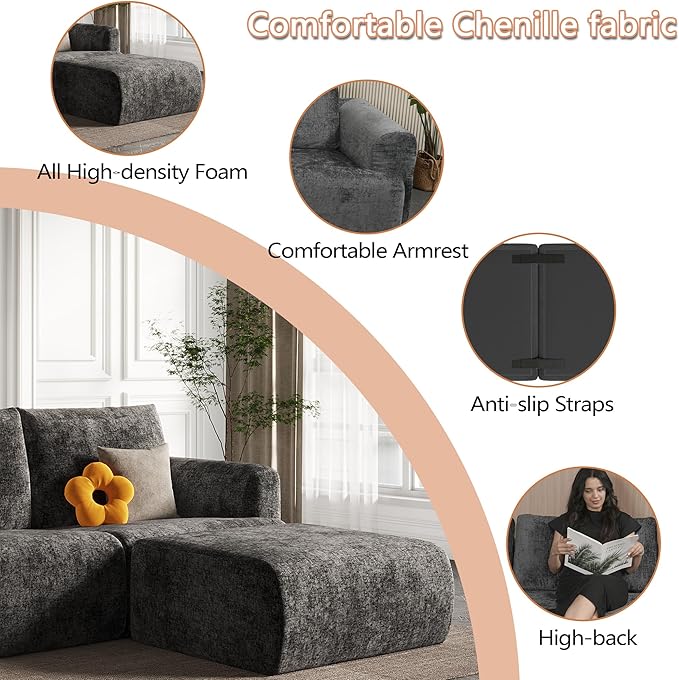 EASE MOOSE Boneless Couch for Living Room, Sectional Cloud Sofa, Modular Cloud Couch, 3-Seater Deep Seat Sofas with Pillow for Bedroom, Apartment, No Assembly Required, Chenille (Dark Grey)