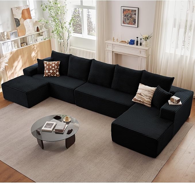 166.9" U-Shape Cloud Couch, Modern Modular Sectional Comfy L-Shape Sofa with Ottoman, Deep Seat, Upholstered Corduroy Sleeper Chaise Longue for Living Room Bedroom, No Assembly Required, Black